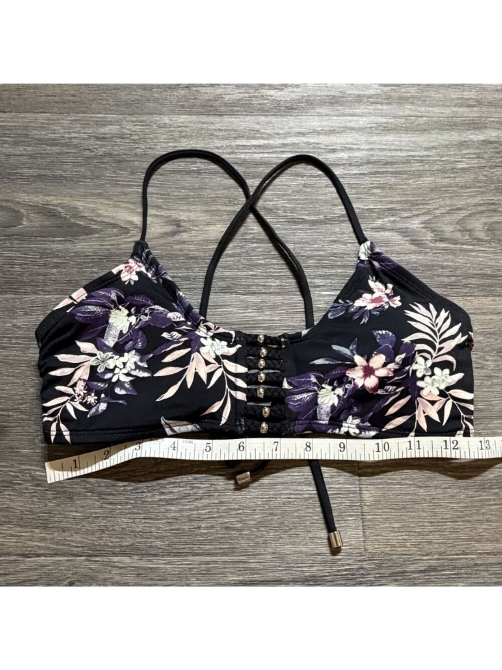 Ambrielle Floral Lace Up Front Bikini Top Medium Black Purple Adjustable Swimwea - Picture 6 of 7